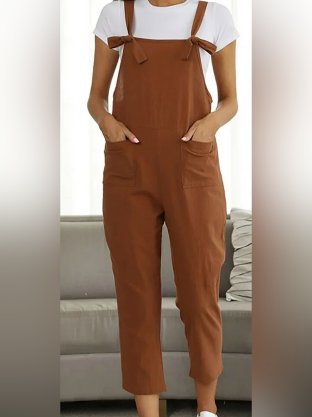 Women's Brown Strap Pocket Jumpsuit